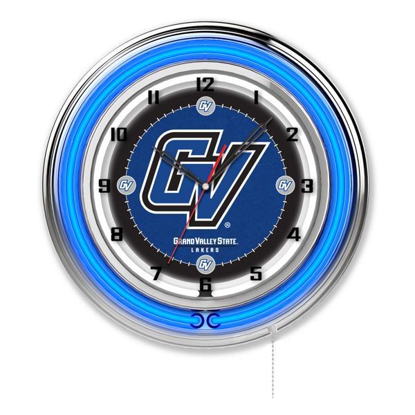 Grand Valley State University 19" Neon Logo Wall Clock - Chrome Casing - Team Color Specific Neon Outer Ring 