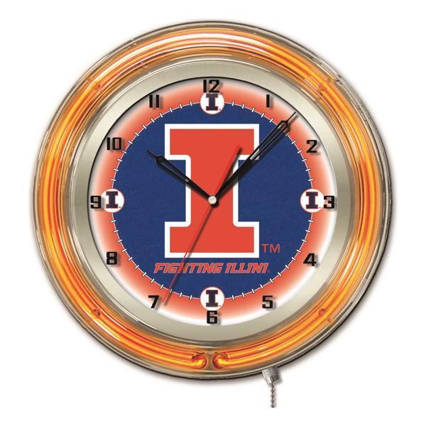 University of Illinois 19" Neon Logo Wall Clock - Chrome Casing - Team Color Specific Neon Outer Ring 