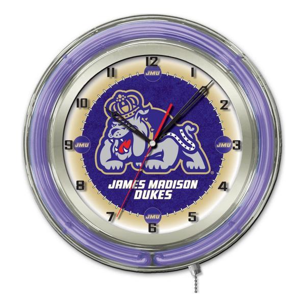 James Madison University 19" Neon Logo Wall Clock - Chrome Casing - Team Color Specific Neon Outer Ring 