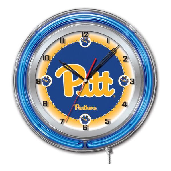 University of Pittsburgh 19" Neon Logo Wall Clock - Chrome Casing - Team Color Specific Neon Outer Ring 