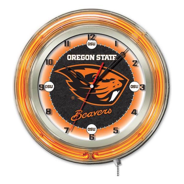 Oregon State University 19" Neon Logo Wall Clock - Chrome Casing - Team Color Specific Neon Outer Ring 