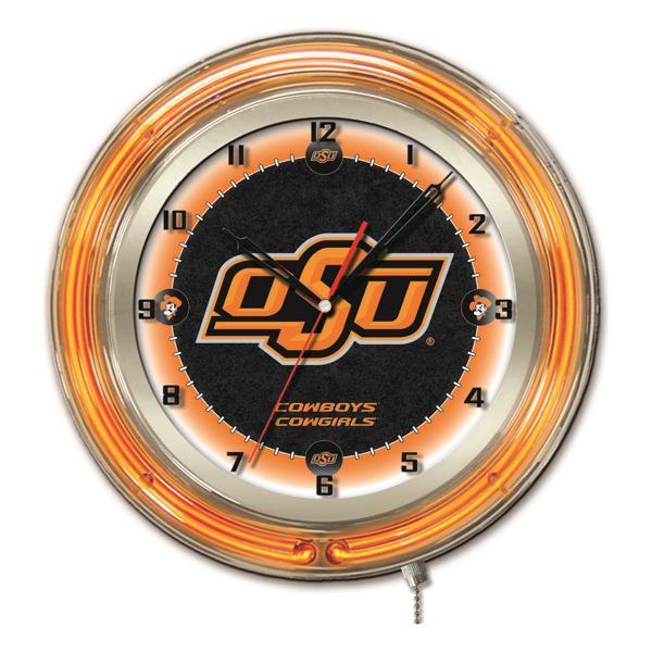 Oklahoma State University 19" Neon Logo Wall Clock - Chrome Casing - Team Color Specific Neon Outer Ring 