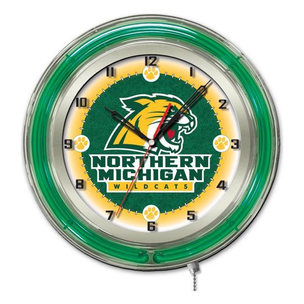Northern Michigan University 19" Neon Logo Wall Clock - Chrome Casing - Team Color Specific Neon Outer Ring 