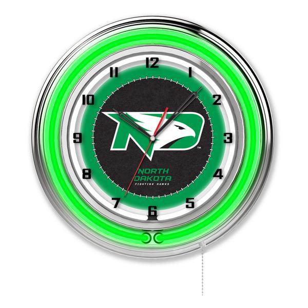 University of North Dakota 19" Neon Logo Wall Clock - Chrome Casing - Team Color Specific Neon Outer Ring 