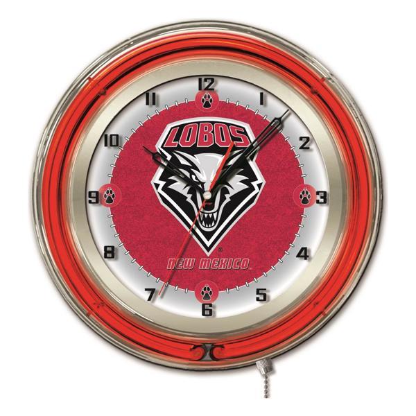 University of New Mexico 19" Neon Logo Wall Clock - Chrome Casing - Team Color Specific Neon Outer Ring 