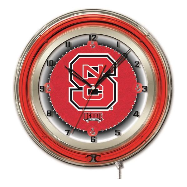 North Carolina State University 19" Neon Logo Wall Clock - Chrome Casing - Team Color Specific Neon Outer Ring 