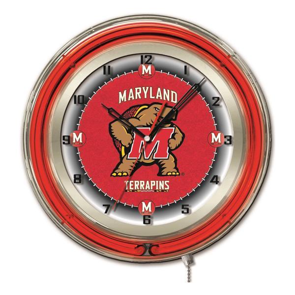 University of Maryland 19" Neon Logo Wall Clock - Chrome Casing - Team Color Specific Neon Outer Ring 
