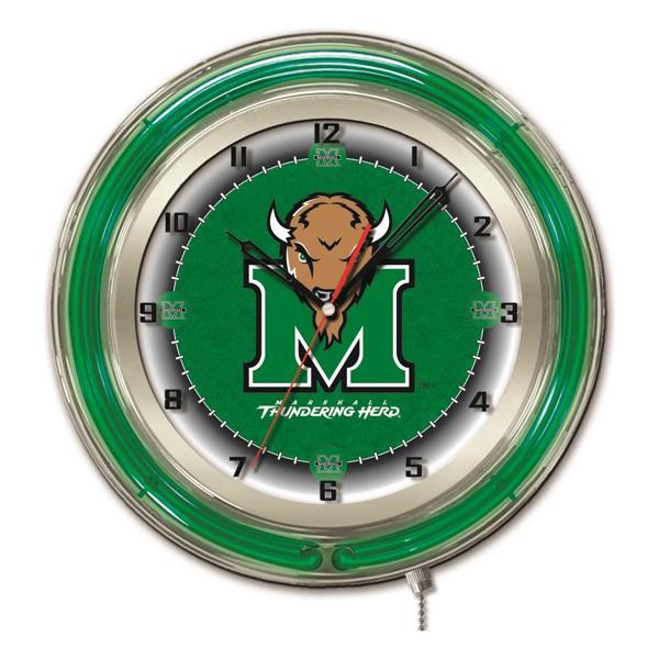 Marshall University 19" Neon Logo Wall Clock - Chrome Casing - Team Color Specific Neon Outer Ring 