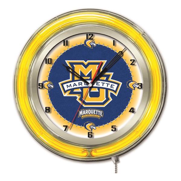 Marquette University 19" Neon Logo Wall Clock - Chrome Casing - Team Color Specific Neon Outer Ring 