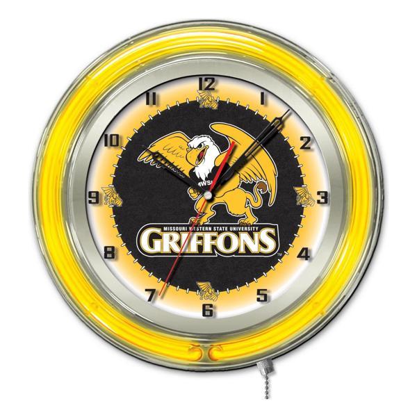 Missouri Western State University 19" Neon Logo Wall Clock - Chrome Casing - Team Color Specific Neon Outer Ring 