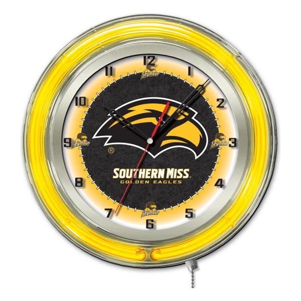 University of Southern Mississippi 19" Neon Logo Wall Clock - Chrome Casing - Team Color Specific Neon Outer Ring 