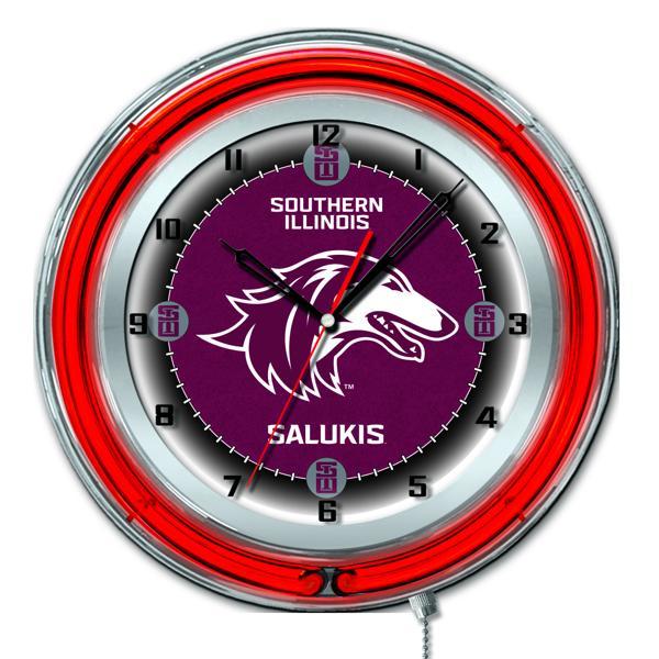 Southern Illinois University 19" Neon Logo Wall Clock - Chrome Casing - Team Color Specific Neon Outer Ring 
