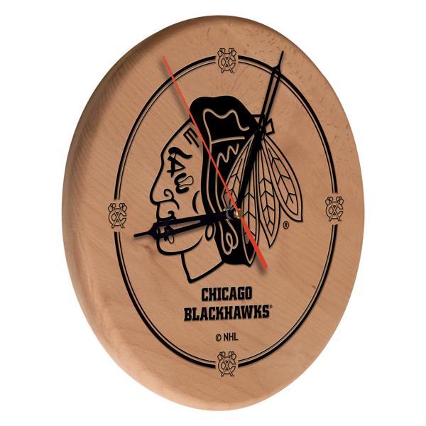 Chicago Blackhawks Laser Engraved 13" Wood Clock - Natural - Officially Licensed - Made in USA - Logo 2 