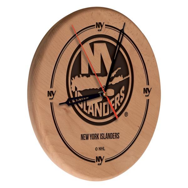 New York Islanders Laser Engraved 13" Wood Clock - Natural - Officially Licensed - Made in USA 