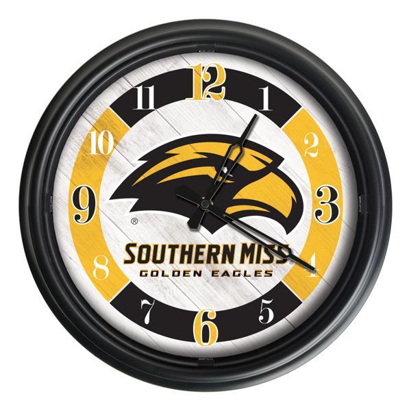 University of Southern Mississippi Indoor and Outdoor 14" LED Wall Clock - Black - UV Resistant ABS Plastic 
