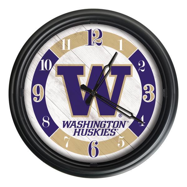 University of Washington Indoor and Outdoor 14" LED Wall Clock - Black - UV Resistant ABS Plastic 