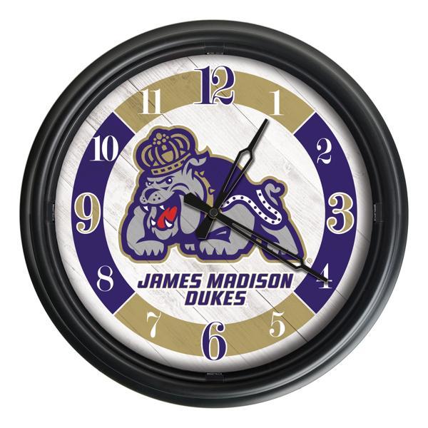James Madison University Indoor and Outdoor 14" LED Wall Clock - Black - UV Resistant ABS Plastic 
