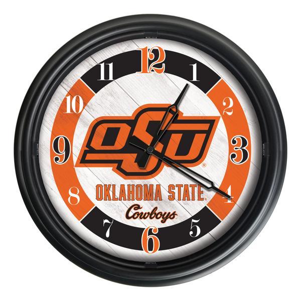 Oklahoma State University Indoor and Outdoor 14" LED Wall Clock - Black - UV Resistant ABS Plastic 