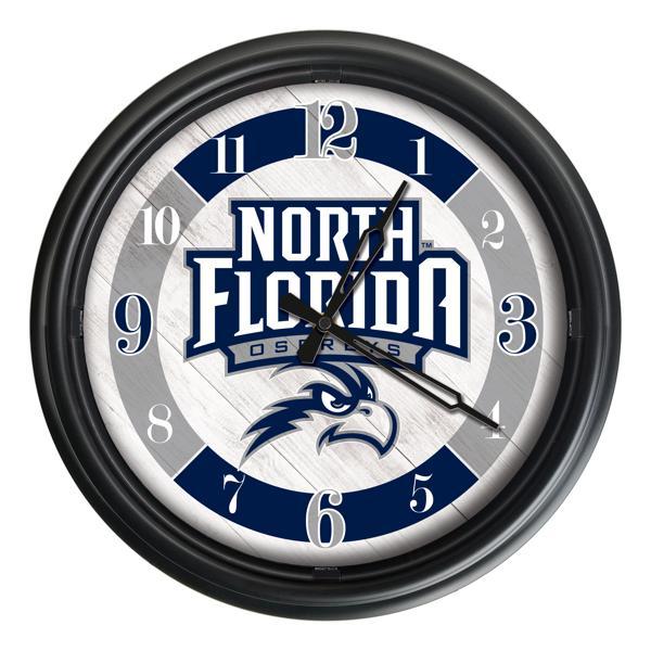 University of North Florida Indoor and Outdoor 14" LED Wall Clock - Black - UV Resistant ABS Plastic 