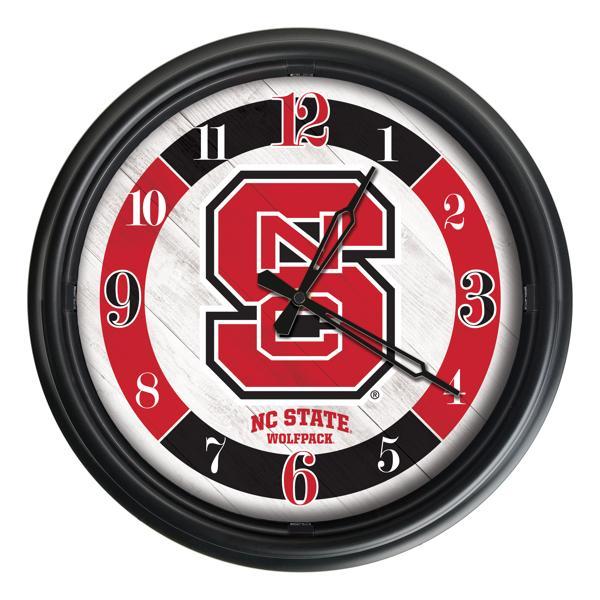 North Carolina State University Indoor and Outdoor 14" LED Wall Clock - Black - UV Resistant ABS Plastic 