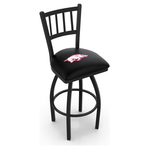 University of Arkansas Swivel Bar Stool - 30" Seat Height - Jailhouse Back Style - Black Wrinkle Finish - Commercial Grade Vinyl 