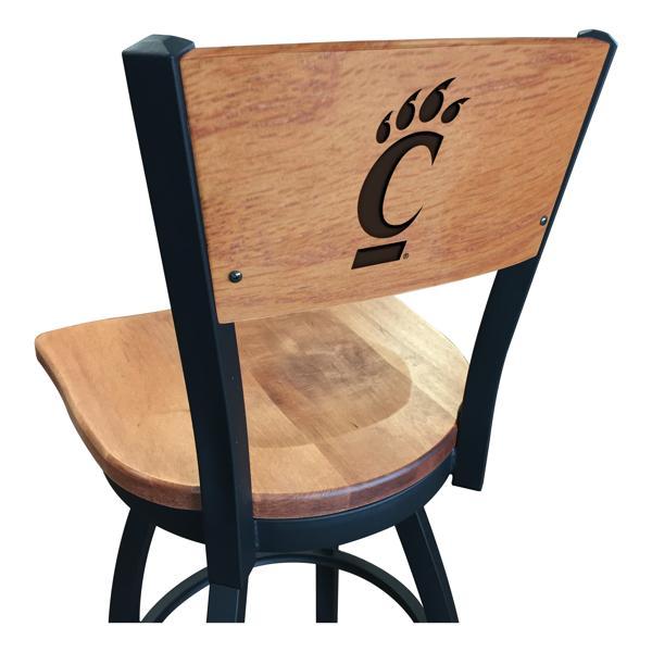 University of Cincinnati Laser Engraved Swivel Counter Stool - 25" Seat Height - Black Wrinkle Finish - Wood Seat 