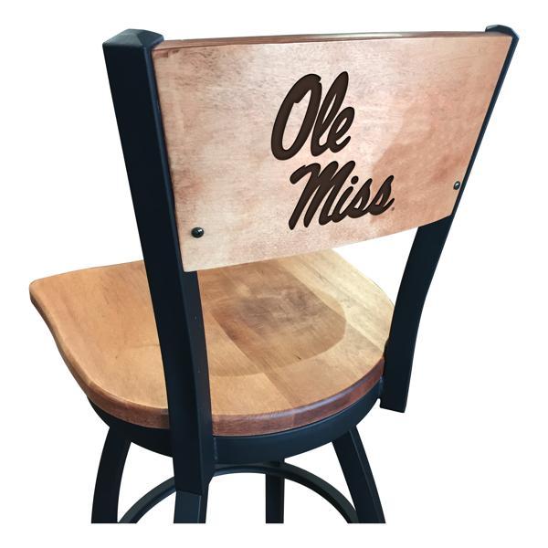 University of Mississippi Laser Engraved Swivel Counter Stool - 25" Seat Height - Black Wrinkle Finish - Wood Seat 