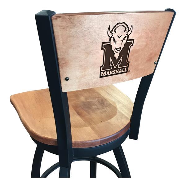 Marshall University Laser Engraved Swivel Counter Stool - 25" Seat Height - Black Wrinkle Finish - Wood Seat 