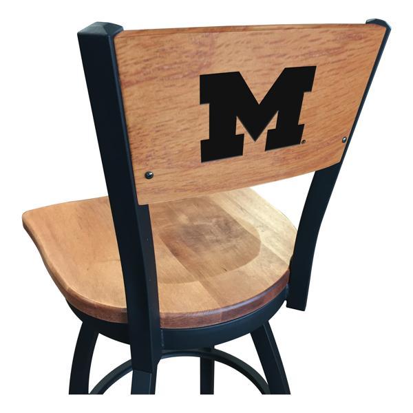 University of Michigan Laser Engraved Swivel Counter Stool - 25" Seat Height - Black Wrinkle Finish - Wood Seat 