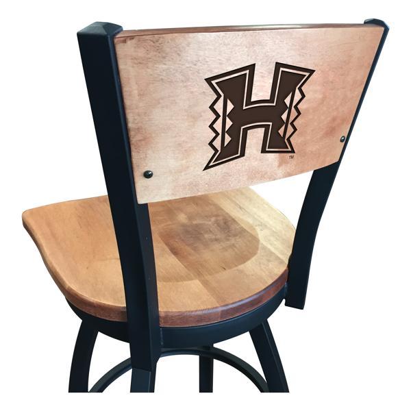 University of Hawaii Laser Engraved Swivel Counter Stool - 25" Seat Height - Black Wrinkle Finish - Wood Seat 