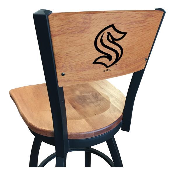 Seattle Kraken Laser Engraved Swivel Counter Stool - 25" Seat Height - Black Wrinkle Finish - Wood Seat 