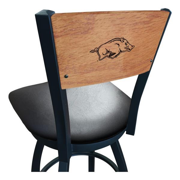 University of Arkansas Swivel Bar Stool - Black Vinyl Seat - Medium Finished Maple Back - Black Wrinkle Powder Coated Steel Frame 
