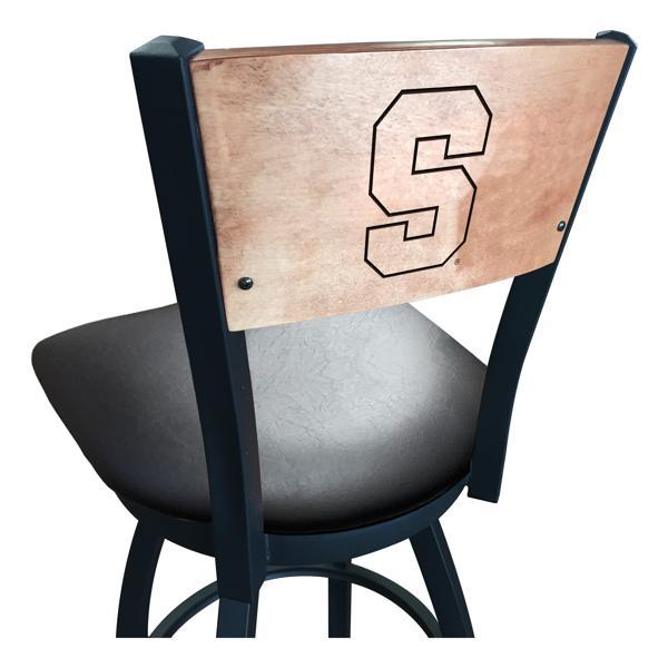 Syracuse University Swivel Bar Stool - Black Vinyl Seat - Medium Finished Maple Back - Black Wrinkle Powder Coated Steel Frame 
