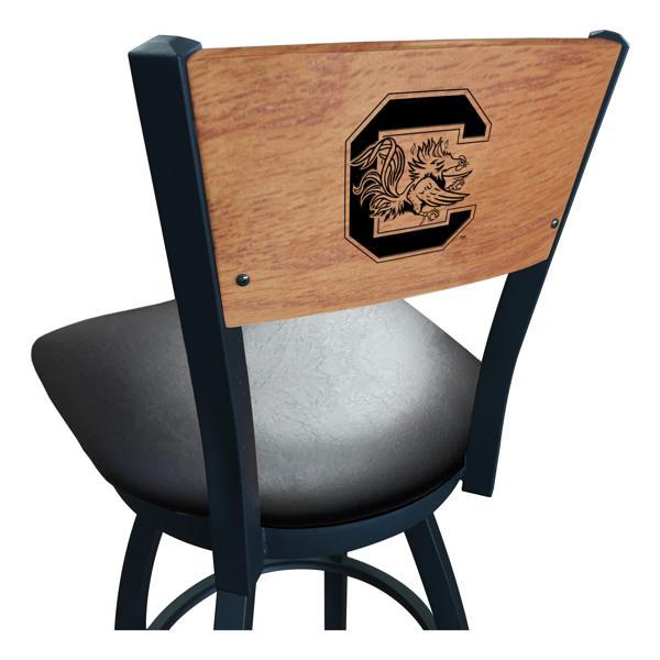 University of South Carolina Swivel Bar Stool - Black Vinyl Seat - Medium Finished Maple Back - Black Wrinkle Powder Coated Steel Frame 