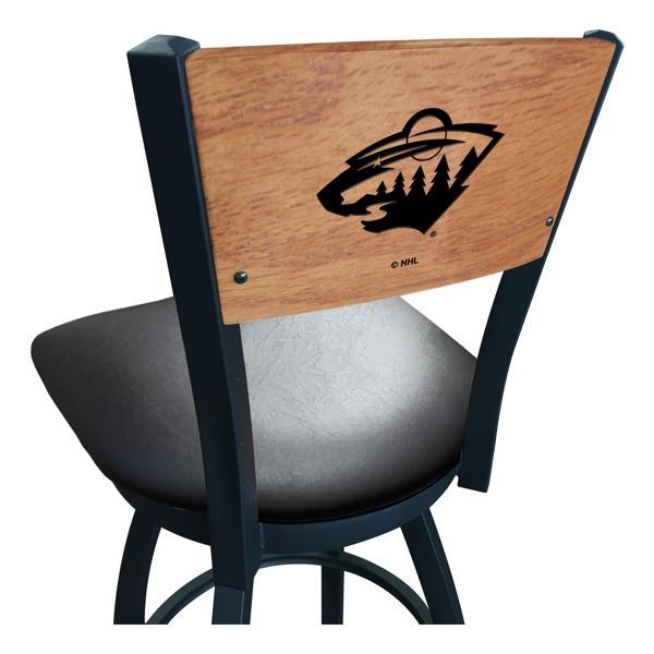 Minnesota Wild Swivel Bar Stool - Black Vinyl Seat - Medium Finished Maple Back - Black Wrinkle Powder Coated Steel Frame 