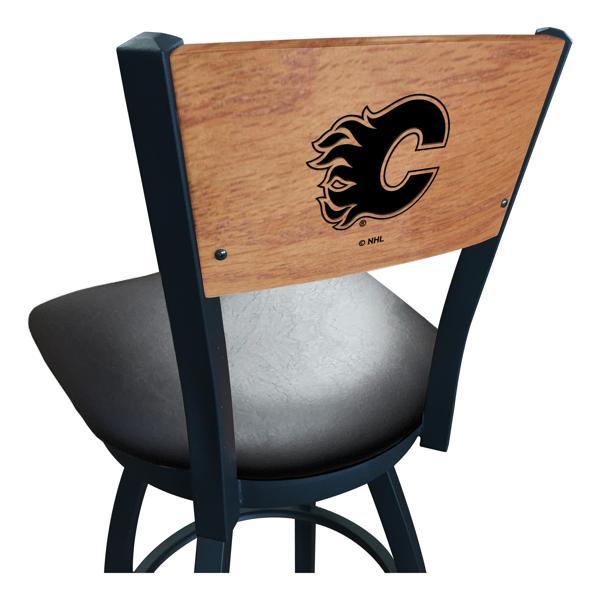 Calgary Flames Swivel Bar Stool - Black Vinyl Seat - Medium Finished Maple Back - Black Wrinkle Powder Coated Steel Frame 