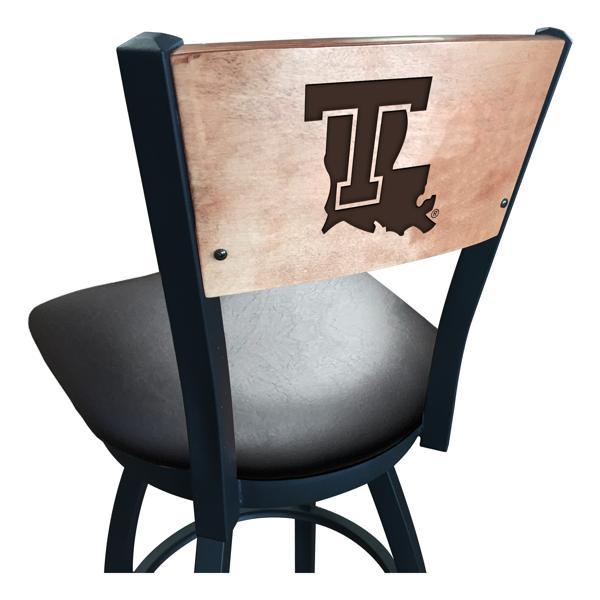 Louisiana Tech University Swivel Bar Stool - Black Vinyl Seat - Medium Finished Maple Back - Black Wrinkle Powder Coated Steel Frame 