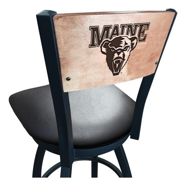 University of Maine Swivel Bar Stool - Black Vinyl Seat - Medium Finished Maple Back - Black Wrinkle Powder Coated Steel Frame 