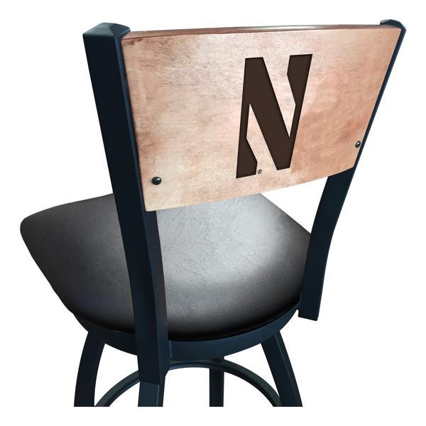Northwestern University Swivel Bar Stool - Black Vinyl Seat - Medium Finished Maple Back - Black Wrinkle Powder Coated Steel Frame 