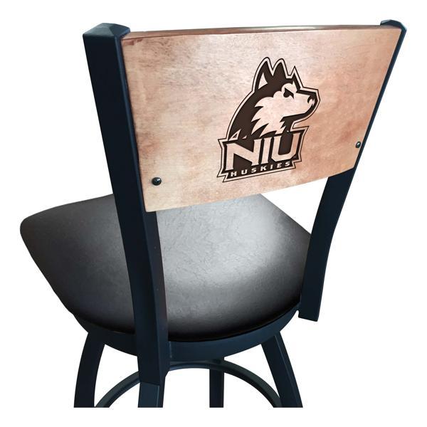 University of Northern Illinois Swivel Bar Stool - Black Vinyl Seat - Medium Finished Maple Back - Black Wrinkle Powder Coated Steel Frame 
