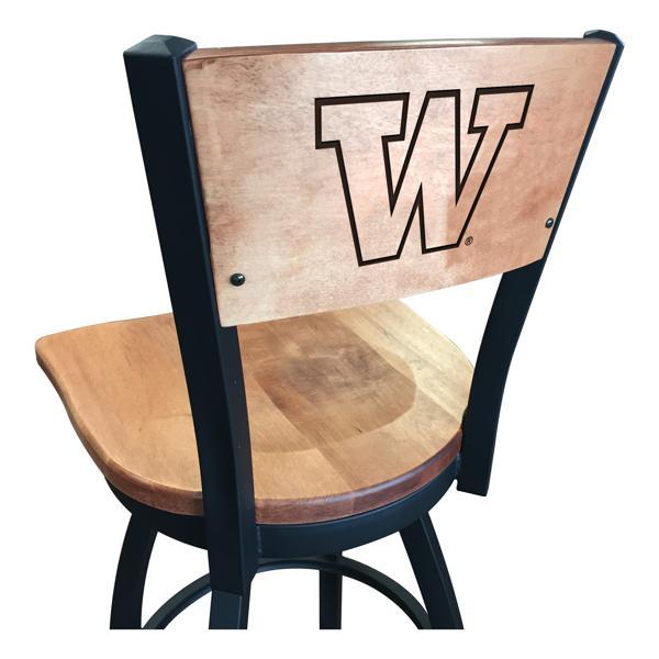 University of Washington Swivel Bar Stool - Black Wrinkle Finish - Wood Seat 
