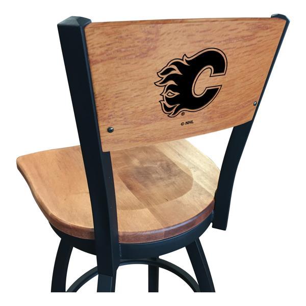 Calgary Flames Swivel Bar Stool - Black Wrinkle Finish - Wood Seat 
