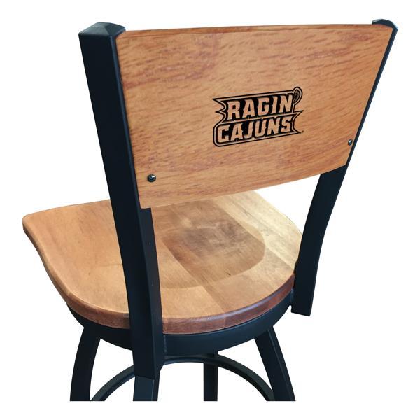 University of Louisiana at Lafayette Swivel Bar Stool - Black Wrinkle Finish - Wood Seat 
