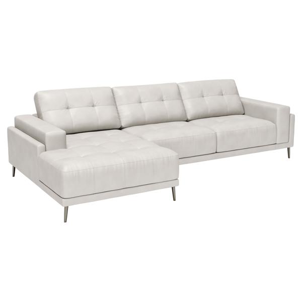 Bliss Sectional Sofa with Chaise - Beige 100% Genuine Top - Grain Bovine Leather - Gray Electroplated Steel Legs 