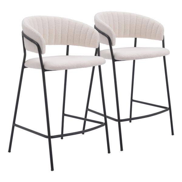 Josephine 26 in. Seat Height Counter Stool with Shearling Style Fabric - Cream - Black Powder Coated Steel Legs - Set of 2 