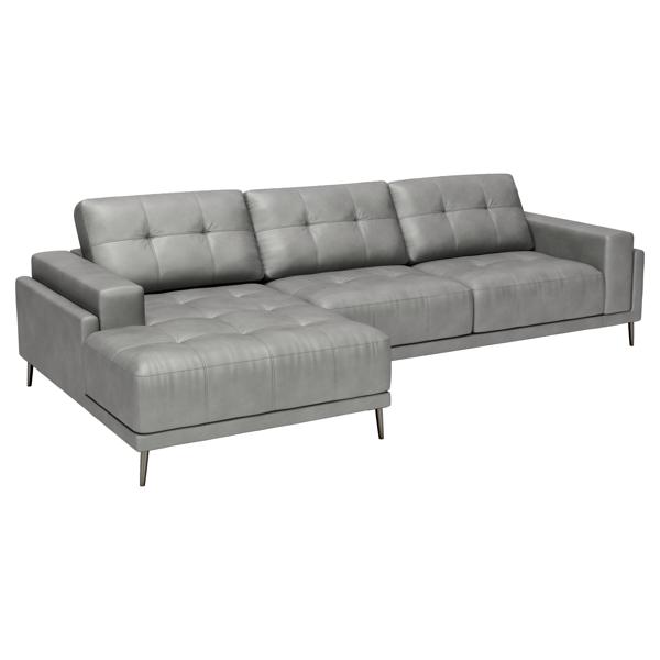 Bliss Sectional Sofa with Chaise - Gray 100% Genuine Top - Grain Bovine Leather - Electroplated Steel Legs 